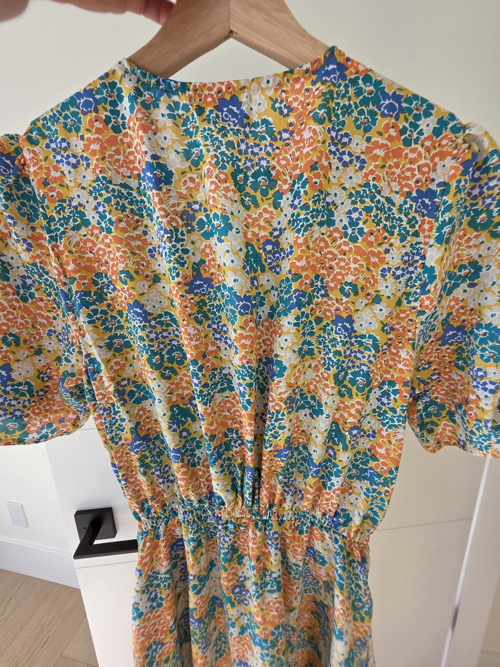 Melloday Women's Floral V-Neck Puff Sleeve Top - Yellow Multi Color Maxi Dress - Picture 13 of 14